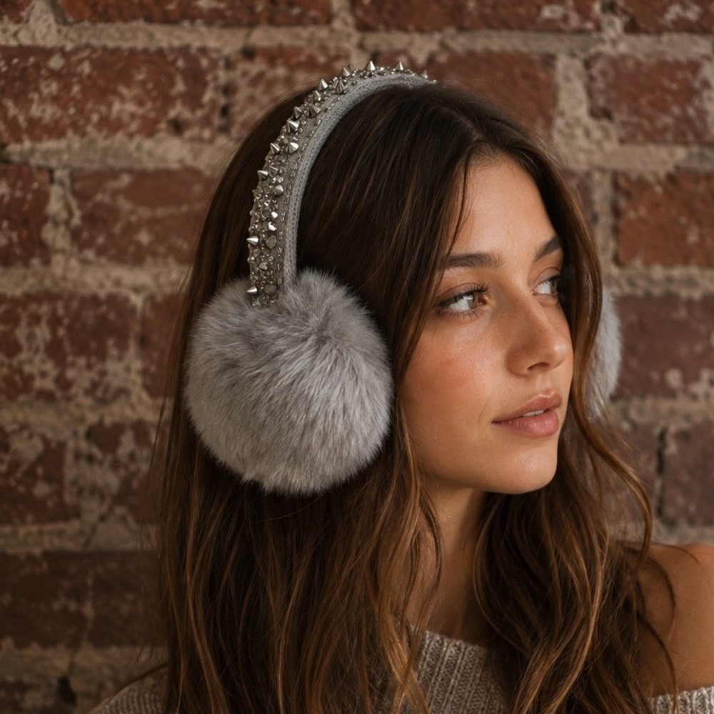 Gray Faux Fur Earmuffs Silver Spiked Beaded Embellished Headband Grunge